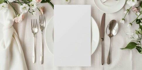 An elegant dining table setting with a fancy restaurant menu in front of a wide banner with a blank copy space for weddings and romantic dining events