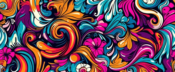 Psychedelic tie dye background with colorful LSD trippy shapes in retro art style. Design for 60s hippies or trendy concept posters.