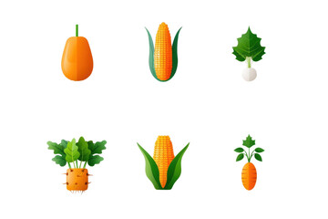 A set of six cartoon vegetables, including pumpkin, corn, turnip, and carrot.
