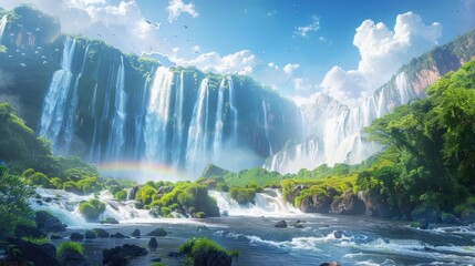 A picturesque backdrop of Perito Moreno Glacier and Iguazu Falls in Argentina, showcasing massive ice formations, cascading waterfalls surrounded by lush greenery, diverse wildlife, and a vibrant