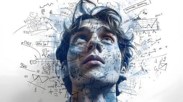 Mind Graph Mayhem, Describe a mind that displays its thoughts as graphs, leading to comical misunderstandings. Isolate on white background, high detailed