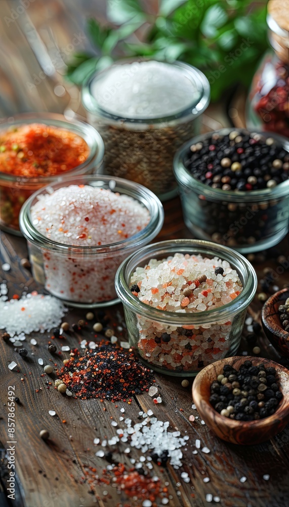 Poster A close-up view of different types of salt and pepper in glass jars and small bowls on a rustic wooden surface. Generative AI
