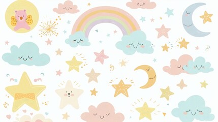 Fototapeta premium The cutest moon, rainbow, cloud, planet, and star clipart set for baby room decoration, a modern cartoon mix of moons and stars.