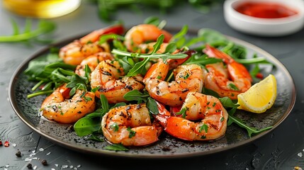 Grilled Shrimp Salad With Lemon Wedge