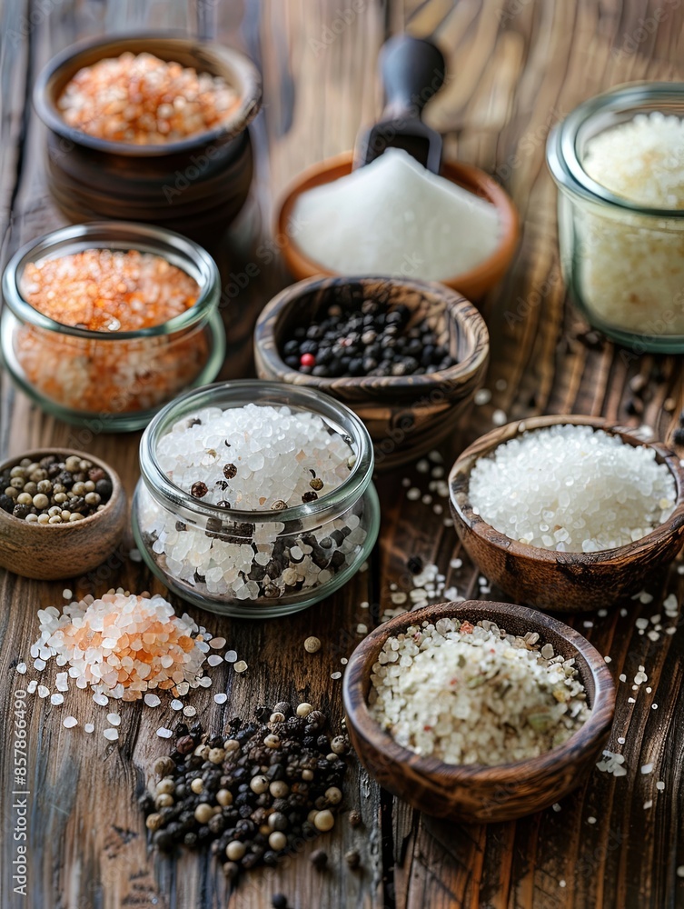Poster various salts and peppercorns are arranged in glass jars and small bowls on a rustic wooden surface.