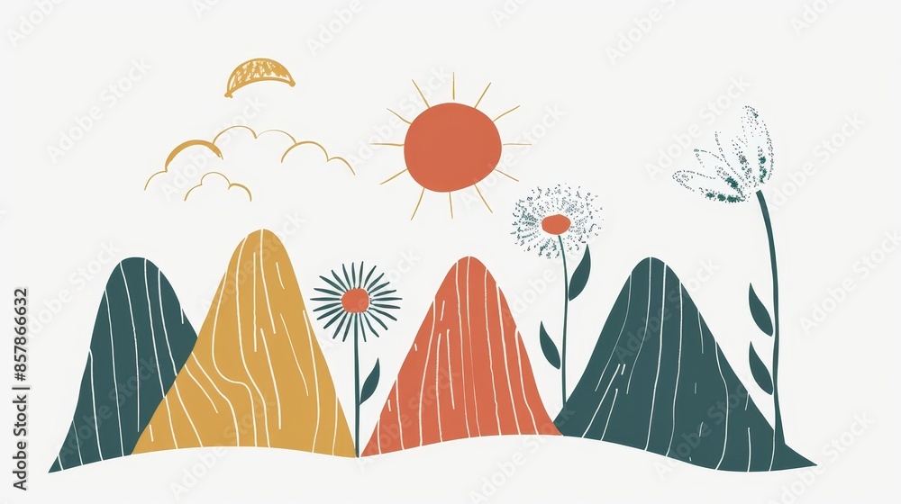 Poster an abstract clipart print set that depicts mountains, sun and daisies in a modern style. a subtle or