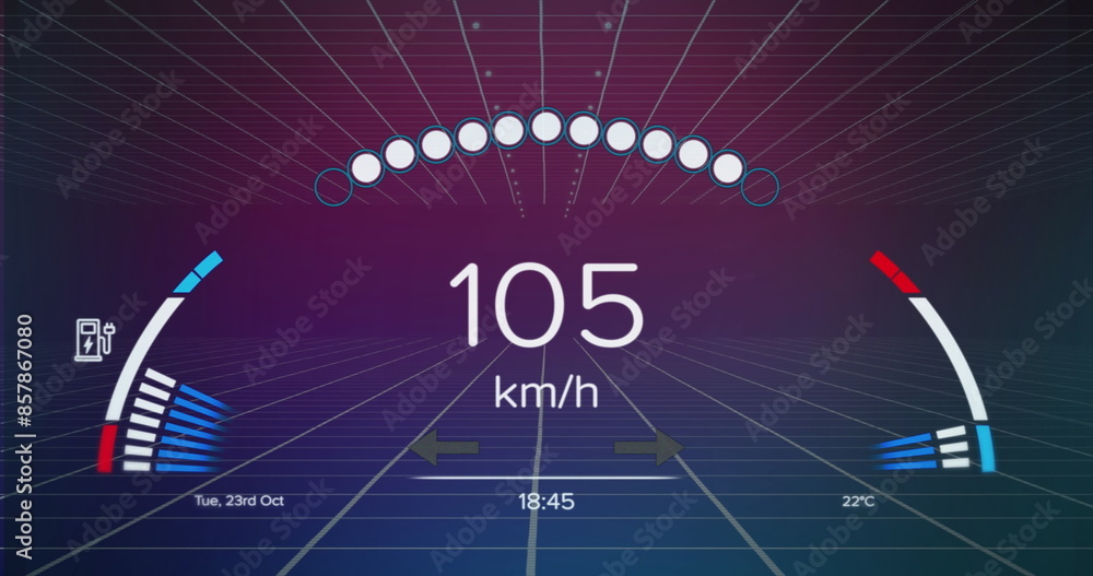 Poster image of speedometer over grid network against purple gradient background