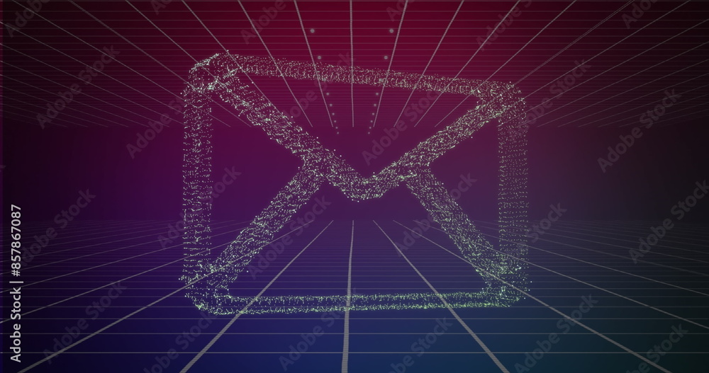 Poster image of message icon over grid network against purple gradient background