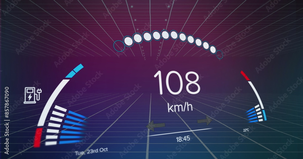 Poster image of speedometer over grid network against purple gradient background