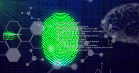 Image of fingerprint, computer language, molecule structure, human brains on binary codes