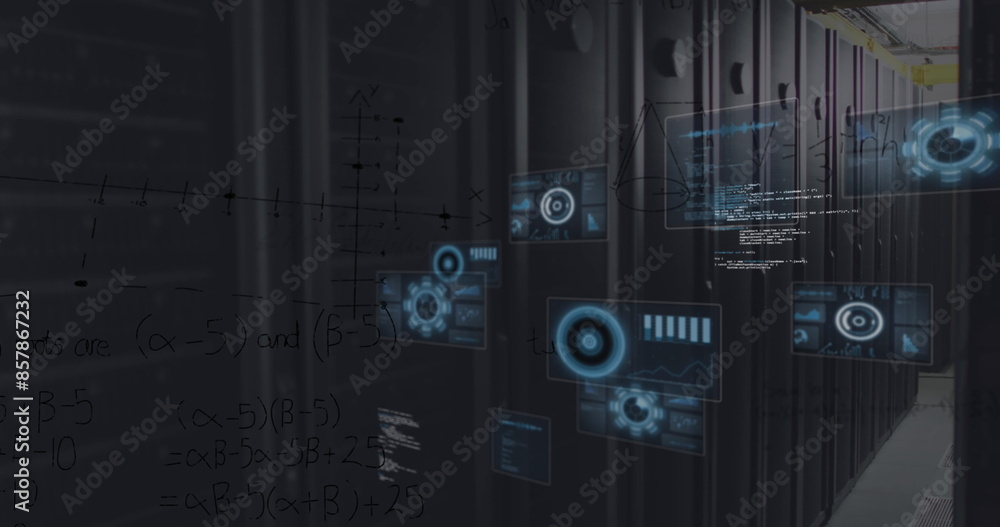 Poster image of round scanners, data processing and mathematical equations against server room