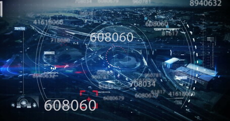 Image of circles, changing numbers over aerial view of modern city with vehicles on street