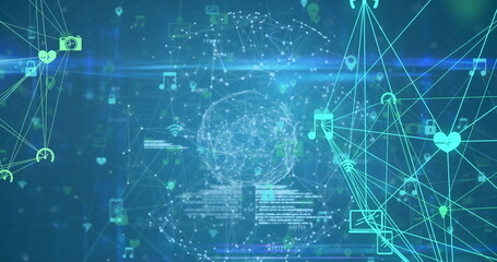 Image of connected icons and dots forming globes against abstract background