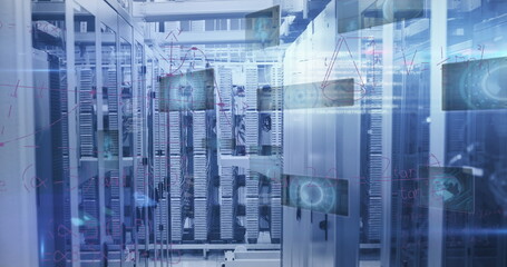 Image of round scanners, data processing and mathematical equations against server room