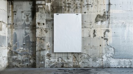 An image of a white poster hanging from a clip on a concrete wall.