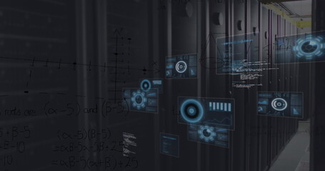 Image of round scanners, data processing and mathematical equations against server room