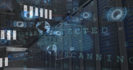 Image of cyber security data processing and mathematical equations against computer server room