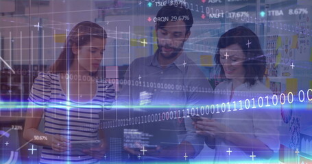 Image of computer language and graphs over diverse man explaining over laptop to women