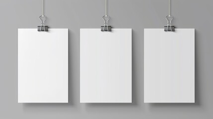 Binder clips hold white paper sheets over folded posters on a clipboard.