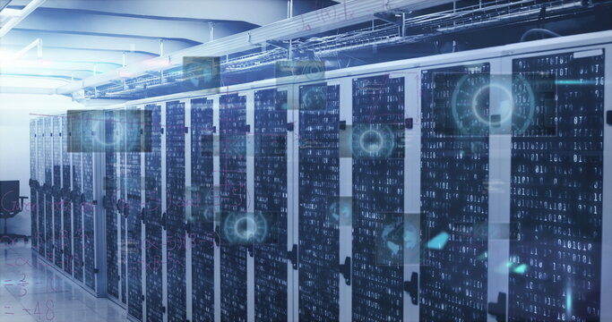 Image of round scanners and mathematical equations against mosaic squares over server room
