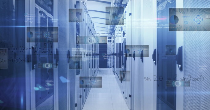 Image of round scanners, data processing and mathematical equations against server room