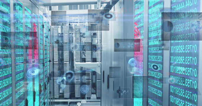 Image of cyber security data processing and mathematical equations against computer server room