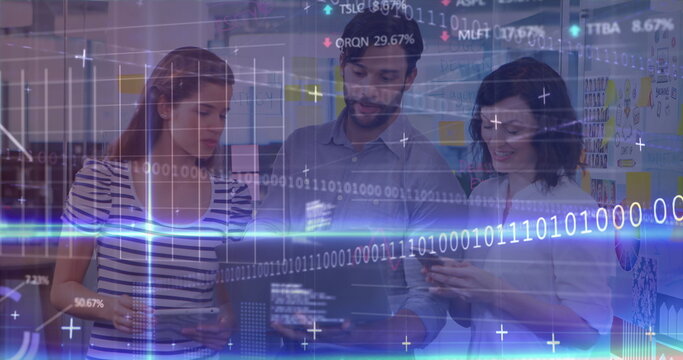 Image of computer language and graphs over diverse man explaining over laptop to women