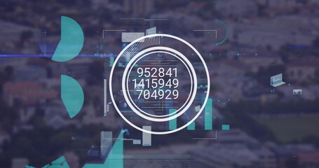 Image of financial data processing over cityscape