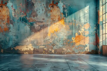 Fototapeta premium A Sunbeam Illuminates a Cracked Concrete Wall in an Abandoned Building