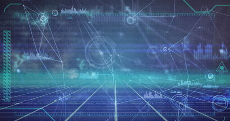 Image of network of connections and data processing over grid network on blue background