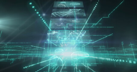 Image of green light trails over screens with medical data processing on black background