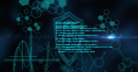 Image of security padlock icon, chemical structures and data processing against blue background