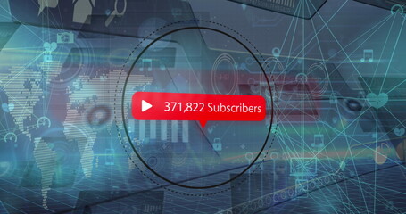 Image of notification label, connected icons forming globes, graphs, map on abstract background