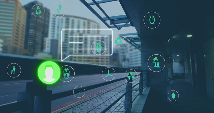 Image of social media icons and data processing over city street