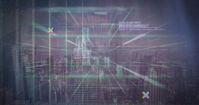 Image of data processing and light trails against aerial view of cityscape