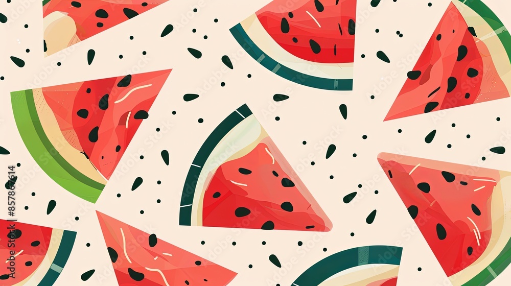 Poster a close-up image of several watermelon slices on a light-colored background, featuring the red flesh