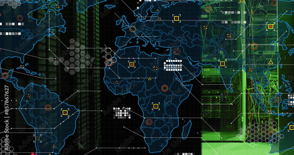 Poster image of world map and data processing against computer server room