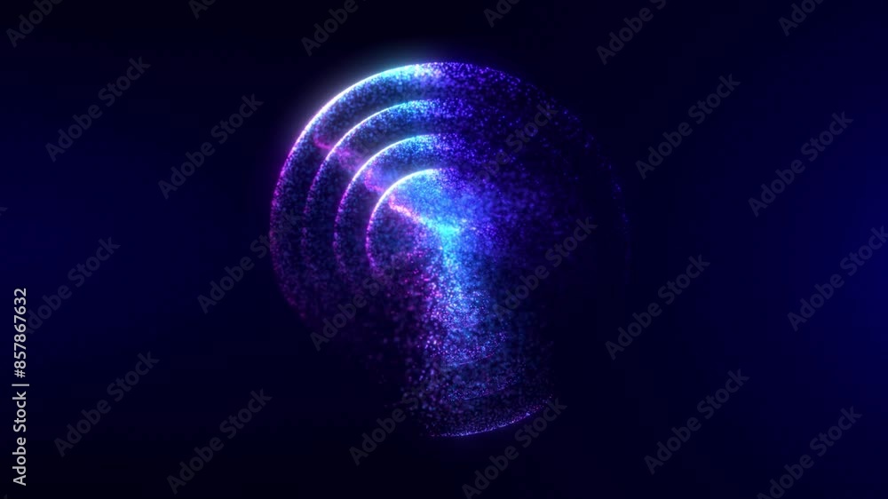 Poster Abstract glowing sphere, energy ball shines brightly with rays of light, magic waves from particles and dots, atomic science abstract background, seamless loop.