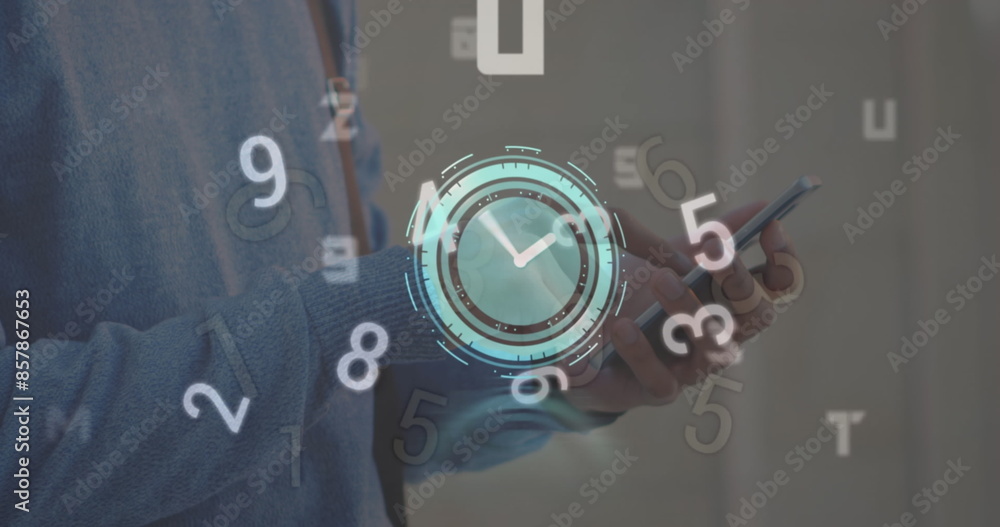 Poster image of ticking clock over changing numbers against mid section of man using smartphone