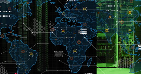 Image of world map and data processing against computer server room