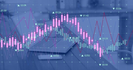 Image of statistical data processing against smartphone, laptop and coffee cup on office desk