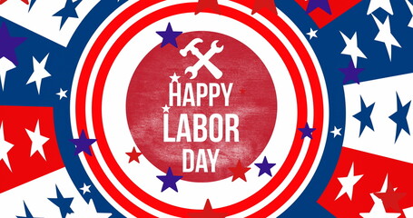 Image of happy labor day text over stars and cricles coloured with flag of usa