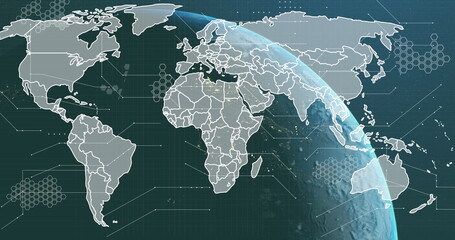 Image of world map with network of connections over globe on black background