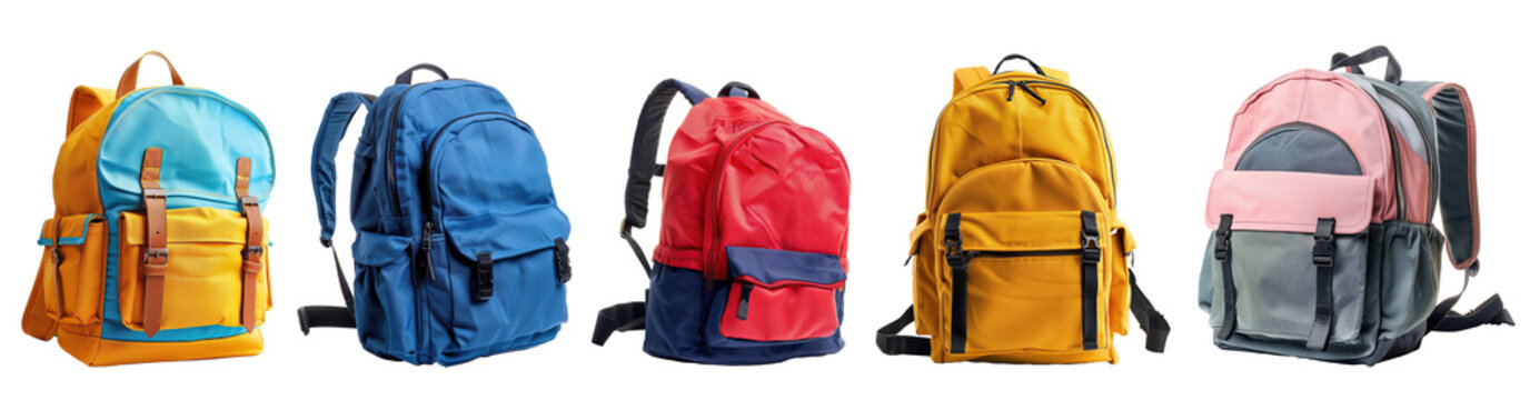 Collection of school backpacks isolated on transparent background
