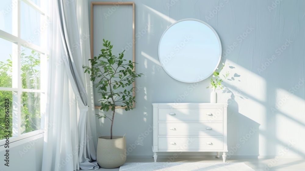 Poster mockup of minimalist poster with white chest of drawers and elegant window display in modern setting