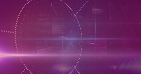 Image of network of profile icons and light trails against purple gradient background