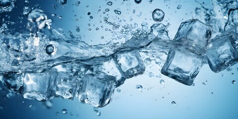 Ice cubes colliding in water a refreshing and pure sensation. Concept Water Splash, Ice Cubes, Refreshing Moment, Pure Sensation, Colliding Movements