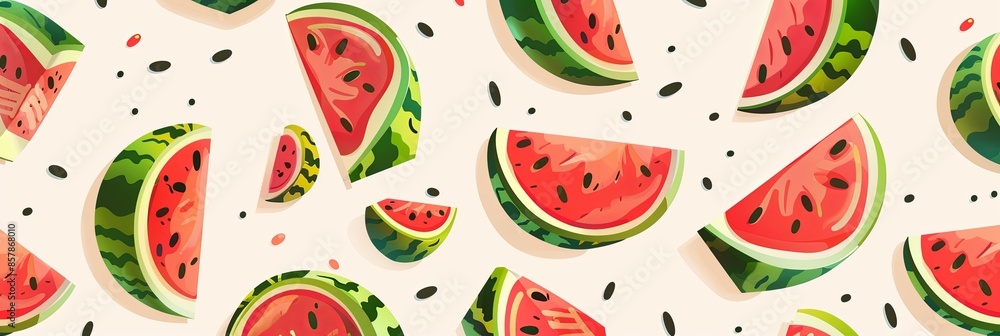 Poster A vibrant image featuring multiple slices of watermelon with black seeds scattered across a light background. Generative AI