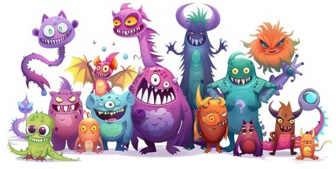 Fototapeta premium Happy cartoon monsters, colored watercolor isolated on white, isolated on a white background
