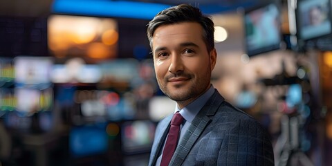 Obraz premium Male TV presenter reporting news on technology war business and entertainment. Concept Technology, War, Business, Entertainment, Male TV Presenter